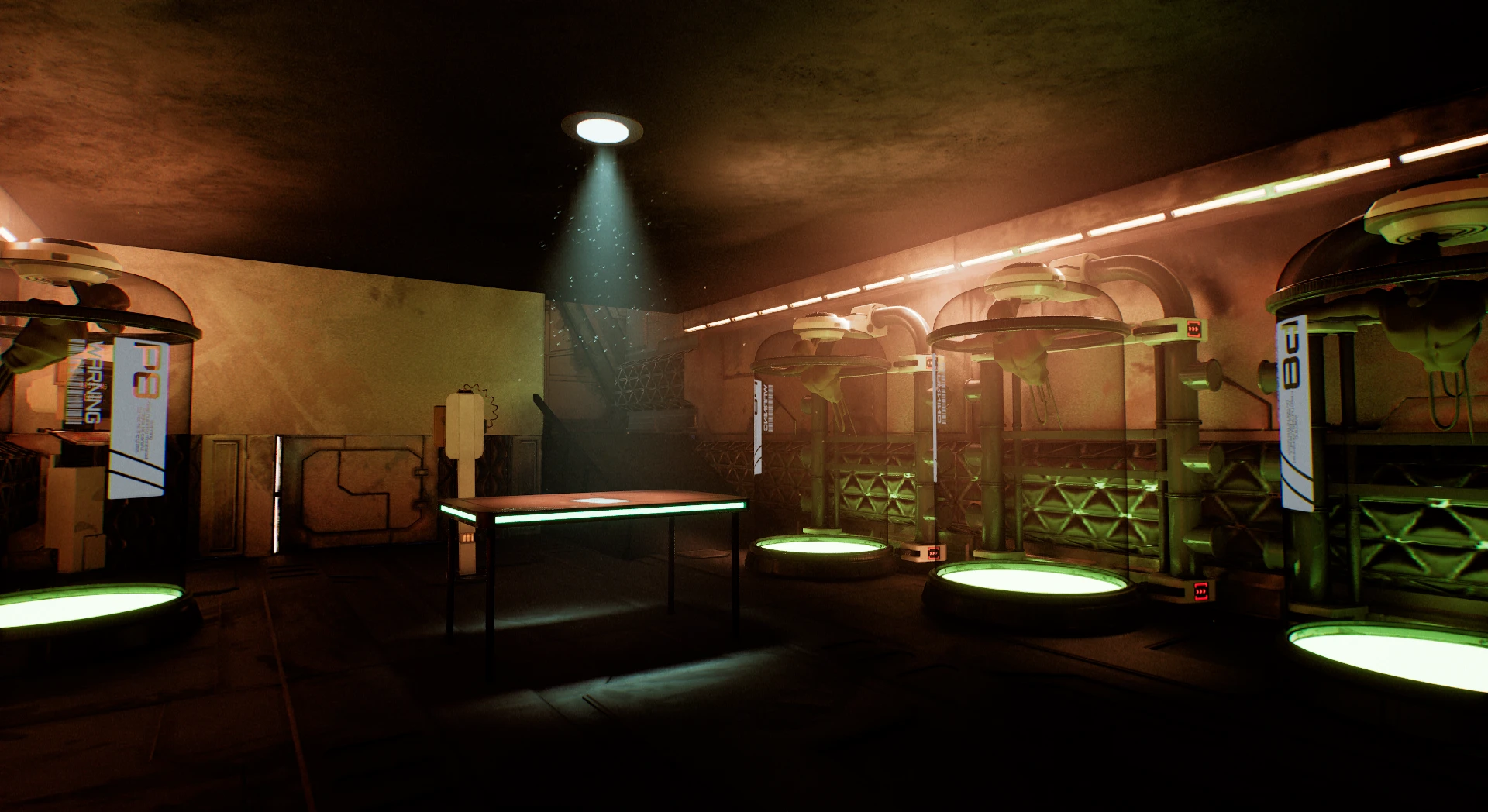 Entity experimentation room — green and red capsule lighting